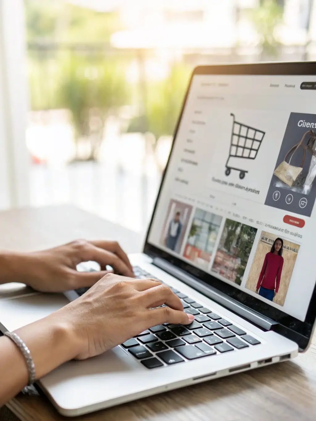 A close-up shot of a developer's hands coding on a computer, with Shopify's logo subtly visible in the background, symbolizing Kirkby Consulting's technical expertise in Shopify development.
