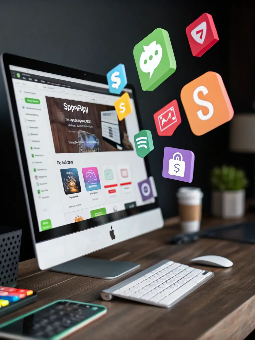 A graphic illustrating the integration of various apps and plugins into a Shopify store, showcasing Kirkby Consulting's ability to enhance store functionality.