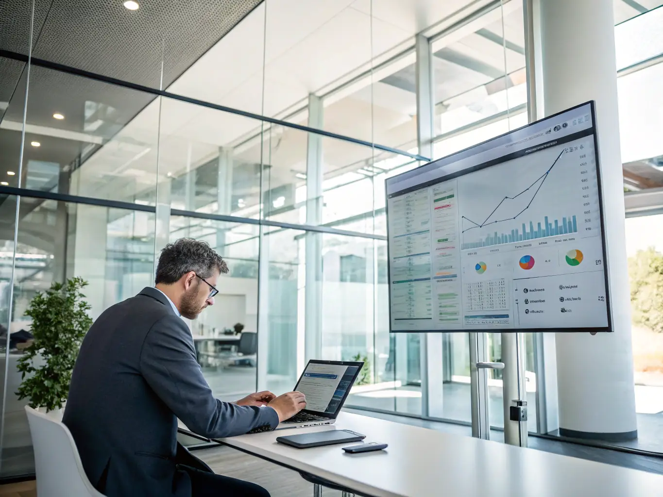 A consultant sitting at a desk, reviewing a detailed project plan on a large monitor, surrounded by sticky notes and diagrams illustrating the initial consultation phase of a Shopify development project.