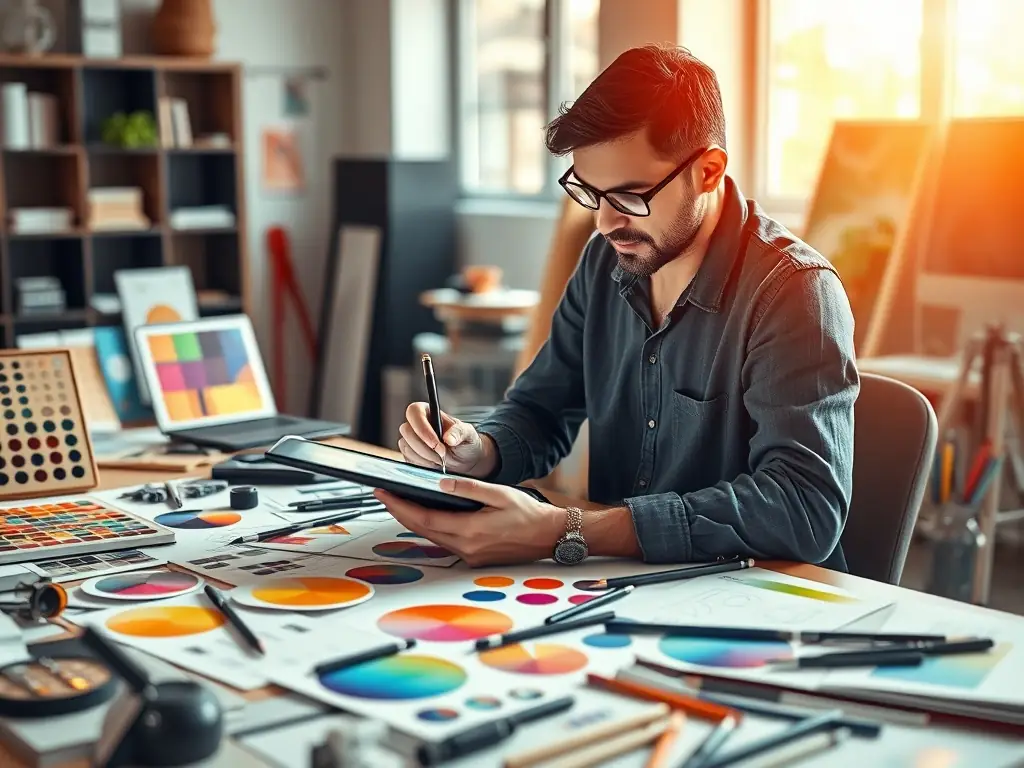 A designer working on a wireframe of a Shopify store layout on a tablet, showcasing the user interface and key elements of the design phase.