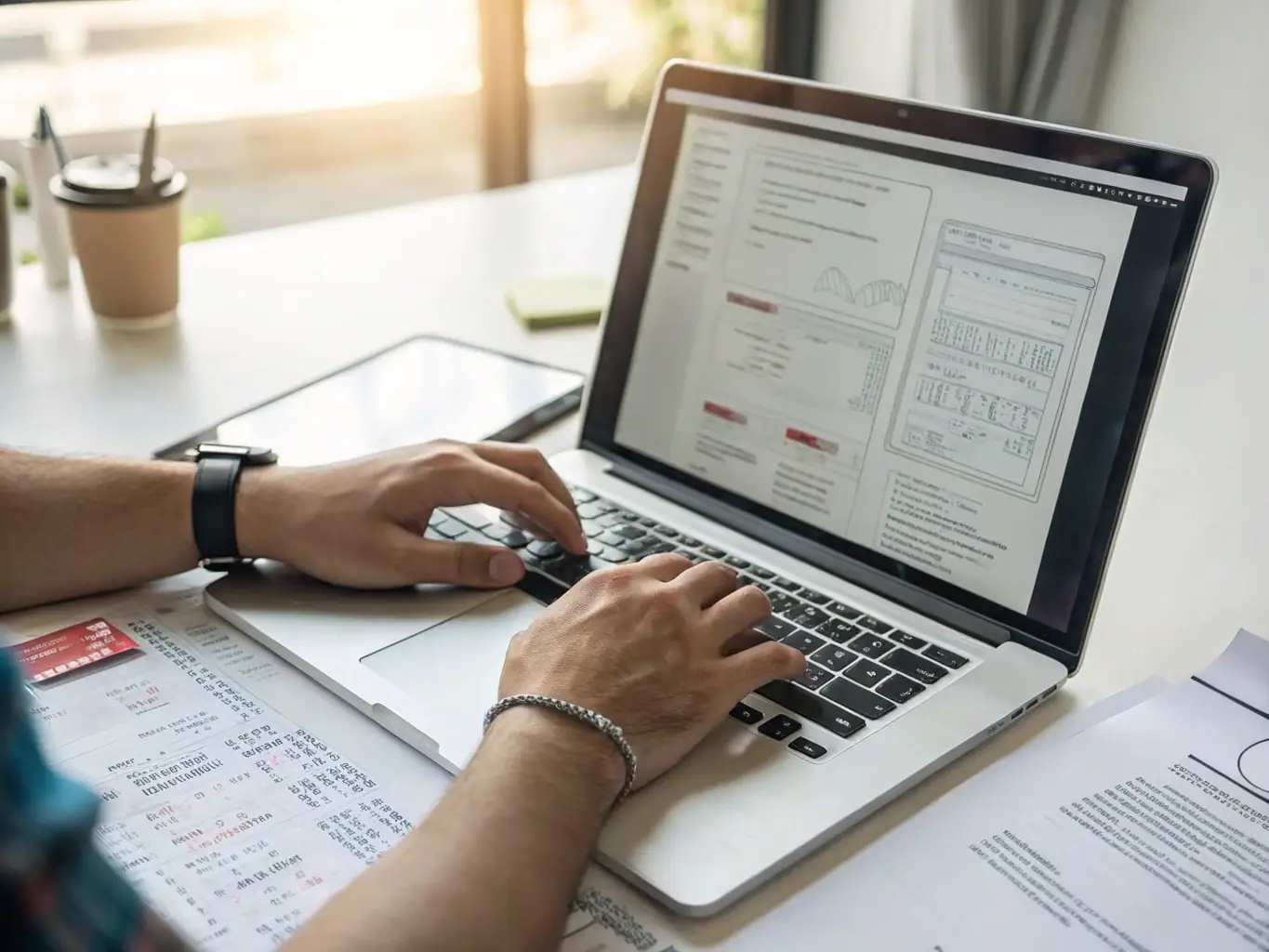 A close-up shot of a developer's hands typing code on a laptop, with lines of Shopify-related code visible on the screen, symbolizing ongoing development and technical expertise.